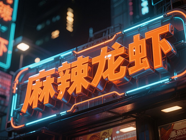 赛博朋克风霓虹灯招牌，未来感十足，夜景中闪烁着科技与美食的光芒。