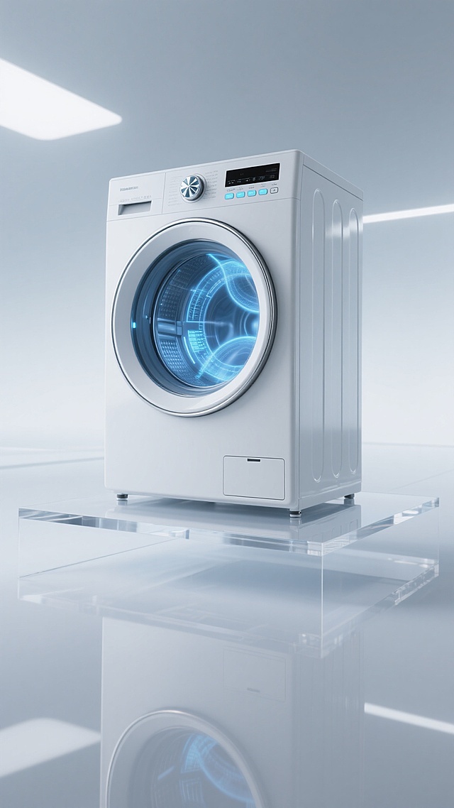 俯视角构图，极简未来主义风格的白色滚筒洗衣机悬浮于无限延伸的半透明亚克力平台中央，机身采用纳米级哑光白陶瓷材质，正面360度环绕式无边框全息观察窗正投射出流动的蓝色智能洗涤数据光效，窗沿镶嵌0.3mm超细钛合金边框形成精密的视觉分割。控制面板区域采用隐形触控技术，在通电状态下呈现冰蓝色LED虚拟按键阵列，中央旋钮带有钻石切割纹理并发出柔和的呼吸光。侧面的竖直线条采用激光雕刻的微米级凹槽，在45度侧光照射下形成精密的光影韵律。底部抽屉面板集成压力感应式开启装置，边缘倒角精确到0.5mm。环境采用4K超高清商业摄影标准布光，主光源来自左上方45度角的柔光箱，右侧配置补光灯消除阴影，背景为渐变的珍珠白到浅灰的渐变，底部铺设反光亚克力板形成微妙倒影，整体呈现出医疗级的洁净感与航天工程般的精密美学。