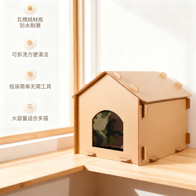 [主图 2] 
[主图主题] 户外猫窝核心卖点展示
[氛围/风格] 简洁专业家居风，明亮干净自然光，通透质感
[画面元素] 卡其色瓦楞纸猫窝主体偏右侧放置，左侧垂直排列核心卖点，每个卖点搭配极简小图标预览效果
