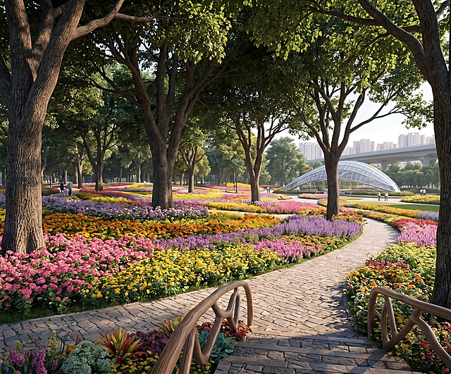 基于规划图生成人视点景观效果图，从公园内部道路看向林下花海区域，保持原公园的色彩花卉和树木布局，写实风格，人眼平视角度，高清自然光影