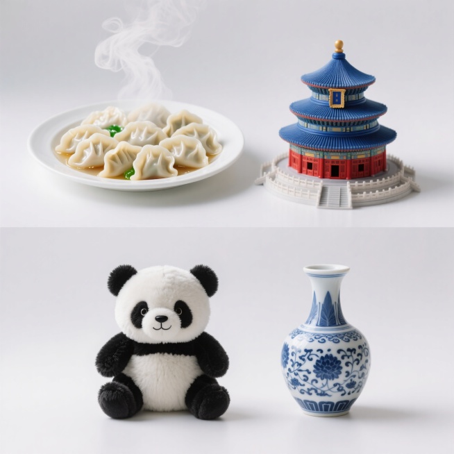 4个物品组合。第一个：一盘饺子；第二个：天坛；第三个：熊猫玩偶；第四个：青花瓷。白色背景，上下两行，排列整齐预览效果