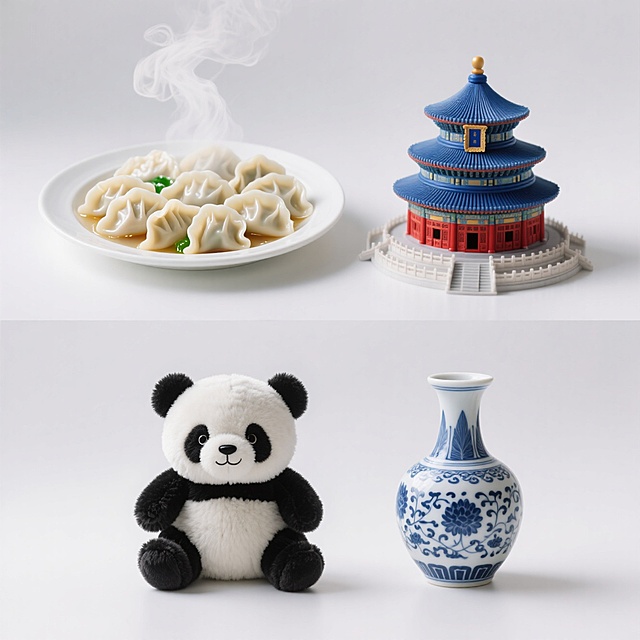 中式感与国潮风结合，微缩艺术展现天坛与饺子，熊猫与青花瓷点缀，传统与现代完美融合。