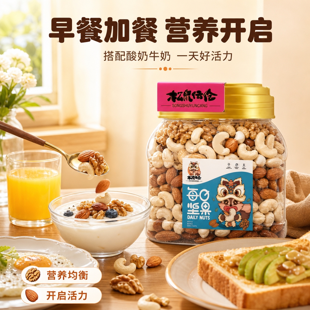 [商品] 使用【图1】松鼠伍伦每日坚果罐装产品；保留罐身、标签… - 图片创意预览