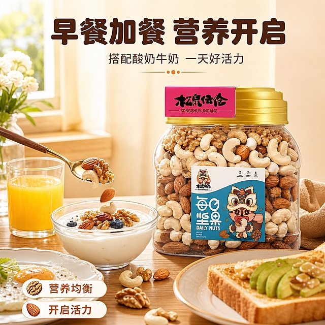 [商品] 使用【图1】松鼠伍伦每日坚果罐装产品；保留罐身、标签、品牌Logo与坚果原貌；商品处理：增强罐身通透感，与早餐场景自然融合，接触阴影真实。
[画面] 目标：早餐搭配场景种草，展示坚果作为早餐营养补充的食用方式。构图：上文下图，上方25%留白放标题，下方75%为早餐桌场景；罐装坚果放在木质餐桌上，旁边有一碗牛奶/酸奶、一片吐司、一个煎蛋、一杯橙汁；勺子正将坚果撒入酸奶碗中（动作瞬间）；晨光从左侧窗户洒入，温暖明亮；产品占画面30%，早餐食物丰富有食欲。
[视觉] 套系策略：风格=温馨治愈食品商业摄影风；标题字=圆润粗黑体；正文字=简洁无衬线体；主色=暖米杏；背景延展=基于暖米杏做深浅渐变、同色系纸张质感与柔光晕染；强调色=暖橙棕，仅用于小面积图标、引线和标签；标题色=深棕褐；正文色=暖棕灰；组件=圆角浅底信息卡、细线引线、坚果小图标；光影=左前侧暖柔光，产品右侧柔和轮廓光。
[文字] 顶部主标题"早餐加餐 营养开启"（8字，深棕褐粗黑体，顶部居中）；副标题"搭配酸奶牛奶 一天好活力"（暖棕灰，主标题下方）；画面左下角2个小卖点："营养均衡""开启活力"（配坚果小图标，暖橙棕字）；文字不遮挡产品与食物主体。
[规格] 图片比例1:1正方形，4K分辨率，负向提示：避免变形、错字、文字过小、冷蓝背景、包装文字错乱、食物不真实。