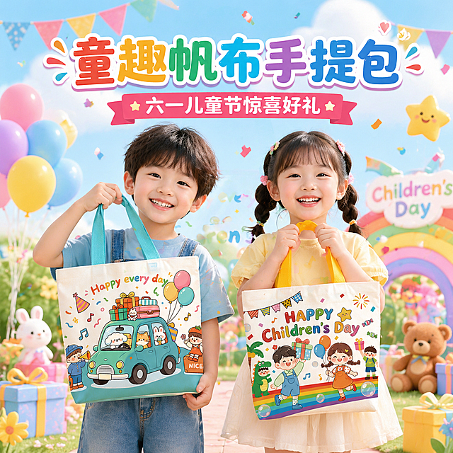保持两款帆布包原有的产品造型和图案不变，重新生成一张1:1比例的淘宝爆款主图，添加两个可爱的中国小朋友，小男孩拿着蓝色汽车图案款帆布包，小女孩拿着黄色儿童节图案款帆布包，添加醒目的主图文案"童趣帆布手提包 六一儿童节惊喜好礼"，背景清新明亮，风格活泼符合儿童节主题，适合淘宝商品展示