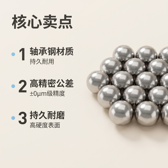 [主图-2] 日本进口轴承钢钢球核心卖点展示
[氛围风格] 温柔治愈风，简约干净
[画质] 商业摄影质感，光线柔和通透，产品清晰真实，画面干净高级
[元素] 保持钢球产品外观、材质与输入产品信息保持绝预览效果