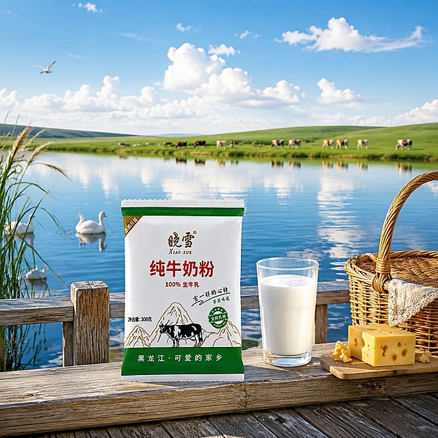 纯牛奶粉袋装产品放置在湖边的木质码头上，背景是平静的湖泊，湖水清澈倒映着蓝天白云，远处湖对岸是绿色的草原和牛群，湖边有芦苇和水鸟。产品旁边放一只透明玻璃杯盛满牛奶，杯放在木质码头的栏杆上，旁边有一个编织野餐篮和几块奶酪。水面有微微的波纹，整体氛围宁静清新，湖畔牧场感。**保持奶粉袋外观与输入产品图完全一致，杜绝任何变形和色差**。产品平稳放置在木码头上，光影自然柔和，无悬浮感。画面中不要出现任何额外的文字、标语、卖点文案（产品包装本身的文字保留）。商业摄影质感，超高清。1:1比例。