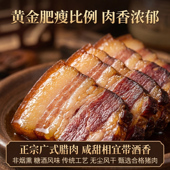这张图片是产品主体这款产品是广式腊肉 我需要设计20张主图在拼多多上面售卖    主图场景布局可以用厨房 炒腊肉 腊肉细节等设计一个高级有食欲一些主图文案内容 正宗广式腊肉 厂家直销 新鲜现货 咸甜相预览效果