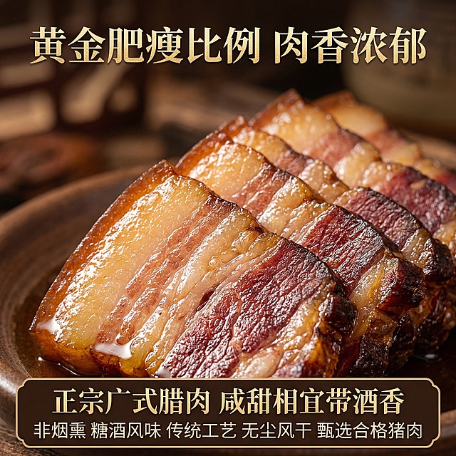 这张图片是产品主体这款产品是广式腊肉 我需要设计20张主图在拼多多上面售卖    主图场景布局可以用厨房 炒腊肉 腊肉细节等设计一个高级有食欲一些主图文案内容 正宗广式腊肉 厂家直销 新鲜现货 咸甜相宜带酒香  腊味煲仔饭 小炒 蒸饭 外卖 非烟熏 广式去皮腊肉 糖酒风味 食堂餐厅批发  肥瘦相间 传统工艺 正规新鲜  嚼有回香 口感爽脆         甄选合格猪肉，严格选材 无尘风干 黄金肥瘦比例  肉香浓郁