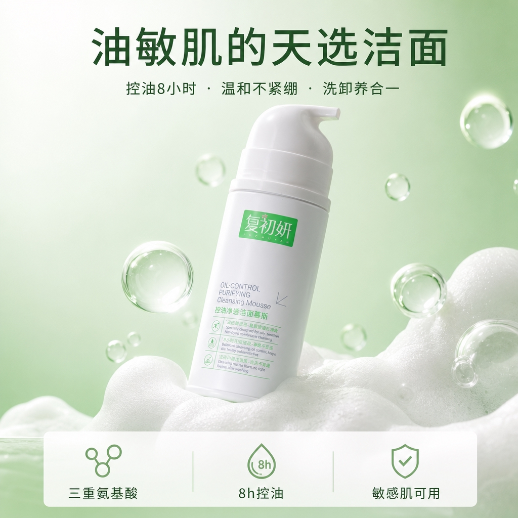 电商主图，1:1正方形，淘宝天猫风格，清新绿色调，复初妍控油净… - 图片创意预览