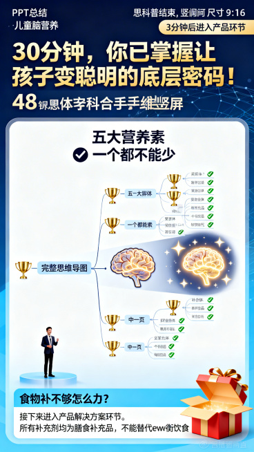 竖版PPT总结页，尺寸9:16，儿童脑营养科普直播间背景。顶部大标题"30分钟，你已掌握让孩子变聪明的底层密码！"，48pt金色渐变字体，下方副标题"五大营养素 ✅ 一个都不能少"，24pt字体。中心预览效果