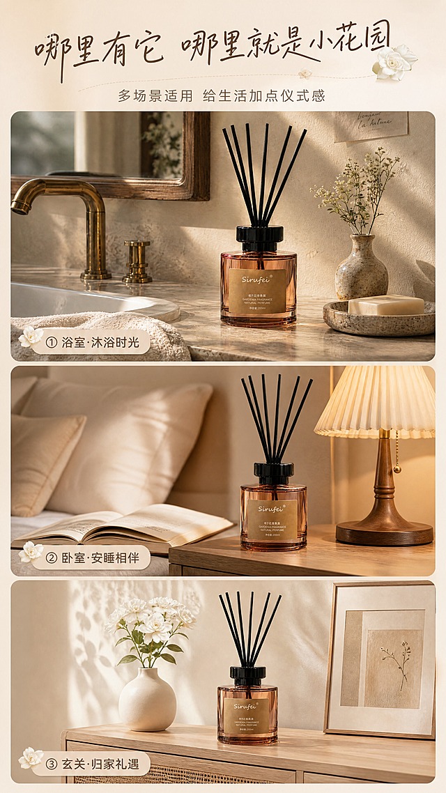[商品] 使用【图1】Sirufei栀子花香薰精油（200ml藤条无火香薰）；保留琥珀色玻璃瓶身、黑色瓶盖、黑色藤条、金色标签及标签上的全部文字与Logo，保留产品结构比例和材质质感；自然增强瓶身通透感，不改变产品外观。
[画面] 目标：多场景展示页，呈现香薰在不同居家场景的使用氛围，强化生活仪式感。构图：三宫格竖版拼图布局，从上到下三个场景：① 浴室场景（主图素材）：香薰放在洗手台边，阳光洒落，毛巾和花瓶点缀；② 卧室床头柜场景：香薰放在木质床头柜上，旁边有暖光台灯和一本打开的书；③ 玄关置物架场景：香薰放在浅色玄关柜上，搭配白色小花瓶和装饰画。每个场景下方配一行圆角标签。景别：每个格子为中景，产品清晰可见。
[视觉] 套系策略：风格=日系清新治愈系商业摄影，暖调自然光，低饱和度米棕色调；标题字=日系手写体+无衬线粗体组合，温柔有呼吸感；正文字=简洁无衬线体，纤细优雅；主色=暖米杏+浅棕；背景延展=基于暖米杏做深浅层级、同色渐变和细腻墙面/织物/木质质感；强调色=栀子白+浅金，仅用于小面积图标、引线和标签点缀；标题色=深暖棕；正文色=中暖灰；组件=圆角浅底信息卡、细虚线引线、栀子花瓣小图标；光影=暖柔光，每个场景统一柔和自然光，阴影自然。
[文字] 顶部主标题：「哪里有它 哪里就是小花园」（10字）；副标题：「多场景适用 给生活加点仪式感」；三个场景标签：① 浴室·沐浴时光 ② 卧室·安睡相伴 ③ 玄关·归家礼遇。文字全部横向排版，层级清晰，手机端可读。
[规格] 图片比例9:16竖版（小红书适配），分辨率4K，负向提示：避免变形、错字、文字过小、冷蓝/蓝灰背景、产品颜色改变、瓶身文字错乱、绝对化用语、二维码、水印、场景拼接生硬。