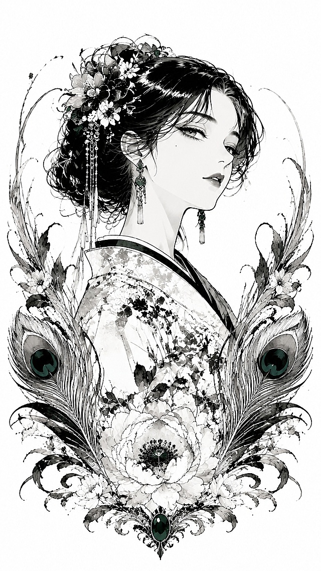 将图中女性单独提取出来，生成黑白钢笔插画头像，保留新艺术运动风格，复古日系风格，冷艳唯美画风，细腻发丝线条，保留装饰性花朵与羽毛纹样，墨绿色点缀，背景留白，高对比黑白线稿，水墨质感