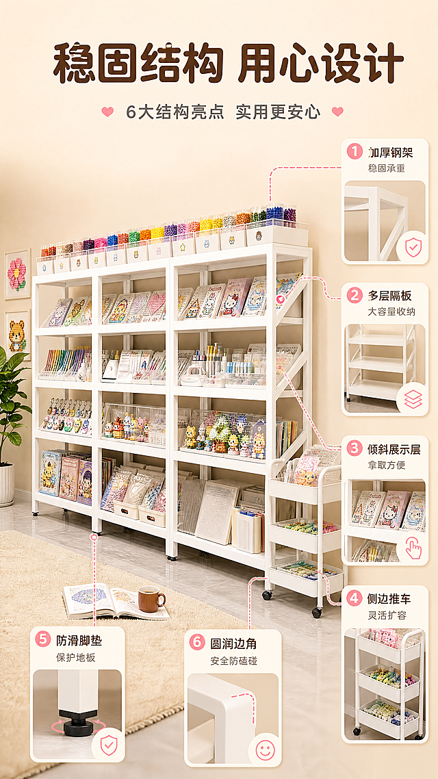 [商品] 使用【图1】白色多层落地收纳置物架；保留白色钢架结构、多层木质层板、倾斜展示层、底部滚轮、侧边三层推车收纳、整体比例和颜色；商品处理：保留产品原貌，做结构引线标注，增强各部件清晰度。
[画面] 页面目标：结构解析，展示置物架核心结构卖点。构图：产品居中偏左，右侧及周围引线标注，顶部标题区。主体占画面60%，正面微侧角度，景别中全景。阅读动线从上到下、从中心向外。背景为暖米色渐变墙面，简洁突出产品结构。
[视觉] 套系策略：风格=温馨奶油风家居商业摄影；标题字=粗黑体圆润字形；正文字=清晰无衬线黑体；主色=奶白色+暖米杏；背景延展=基于暖米杏做深浅层级、同色渐变和细腻墙面质感；强调色=樱花粉，仅用于小面积图标、引线和标签；标题色=深暖棕；正文色=中暖灰；组件=圆角浅底信息卡、细线引线、胶囊标签；光影=左前侧暖柔光。
[文字] 顶部主标题「稳固结构 用心设计」，6处引线标注：1.加厚钢架 稳固承重；2.多层隔板 大容量收纳；3.倾斜展示层 拿取方便；4.侧边推车 灵活扩容；5.防滑脚垫 保护地板；6.圆润边角 安全防磕碰。文字全部横排，引线清晰不交叉。
[规格] 图片比例9:16竖版，4K分辨率，拼多多风格接地气高信息密度，避免变形、错字、文字过小、冷蓝/蓝灰背景、产品颜色改变、结构失真、极限词。