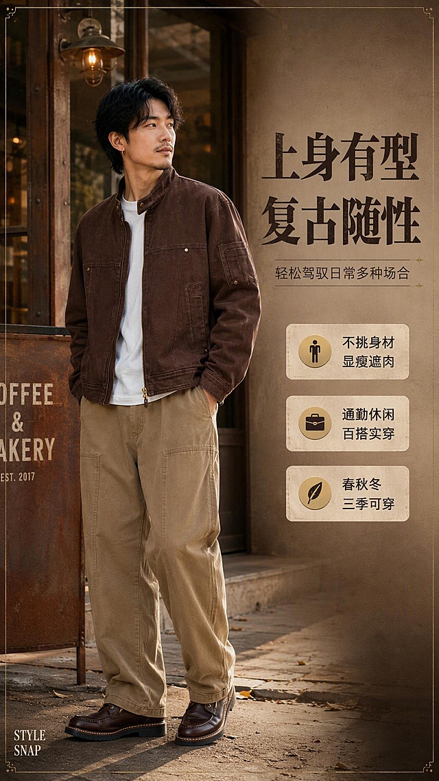 [商品] 使用【图1】深棕色立领工装夹克；商品处理：保留立领、金色拉链、胸前按扣、斜插口袋、左臂袖袋、做旧五金、水洗帆布面料、宽松版型和深棕颜色；自然去除衣身杂乱褶皱，理顺垂坠，增强面料纹理、缝线、拉链和五金质感，不改变版型和结构。模特穿着同款同色夹克，上身效果真实自然。
[画面] 目标：上身效果展示页，亚洲模特穿搭展示整体版型与复古氛围感。构图：全身模特图居中偏左，占画面约65%，右侧留白放文字。场景：复古工业风咖啡馆门口或复古街区街景，暖色调光线，营造秋日午后氛围。模特为亚洲男性，25-30岁，自然站立姿态，手插口袋，侧身回望镜头，展现夹克正面与侧面版型。内搭白色T恤，下搭卡其色工装裤，脚穿复古皮鞋。
[视觉] 套系策略：风格=美式复古工装商业摄影；标题字=复古粗衬线体；正文字=简洁无衬线体；主色=深棕焦糖色；背景延展=基于深棕做深浅层级、同色渐变和做旧纸张/帆布质感；强调色=古铜金，仅用于小面积图标、引线和标签；标题色=深棕近黑；正文色=暖棕灰；组件=圆角复古信息卡、细金线引线、做旧纹理边框；光影=左前侧暖柔光，右侧轮廓光，营造复古电影感。
[文字] 右侧中上位置主标题「上身有型 复古随性」，副标题「轻松驾驭日常多种场合」。下方3个短卖点：「不挑身材 显瘦遮肉」「通勤休闲 百搭实穿」「春秋冬三季可穿」。左下角小号英文「STYLE SNAP」。文字不遮挡模特和服装主体。
[规格] 图片比例9:16竖版，2K分辨率，避免变形、错字、文字过小、冷蓝/蓝灰背景、衣服颜色改变、版型失真、白底、平台Logo。