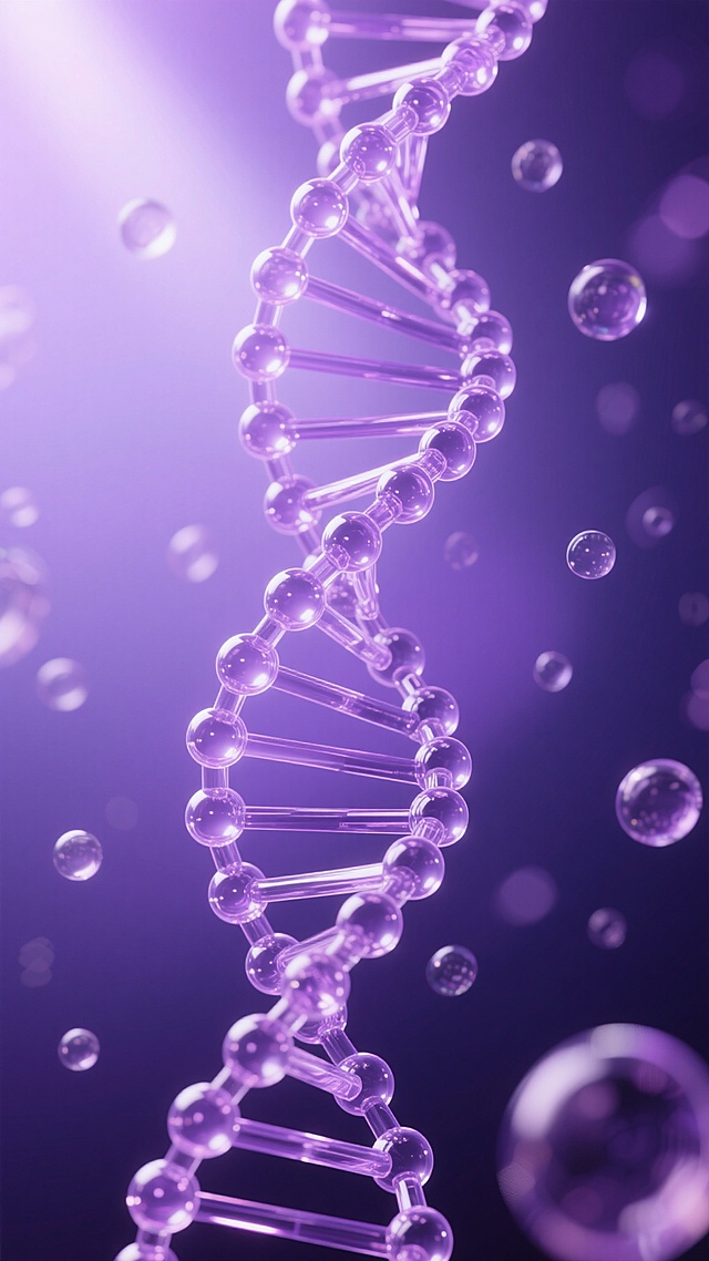 高细节3D渲染的DNA双螺旋结构，表面呈现光滑的半透明质感，缠绕的链条上分布着规则排列的球形连接点，周围悬浮着大小不一、同样具有透明光泽的气泡，整体采用渐变的深紫色调，从顶部的亮紫色逐渐过渡到底部的暗紫色，背景为柔和的淡紫色虚化光斑，营造出神秘而科技感的氛围，光线从斜上方照射，在DNA链条和气泡表面形成清晰的高光和细腻的阴影，所有元素排布规整有序，保持原有的分子结构形态和悬浮状态。
