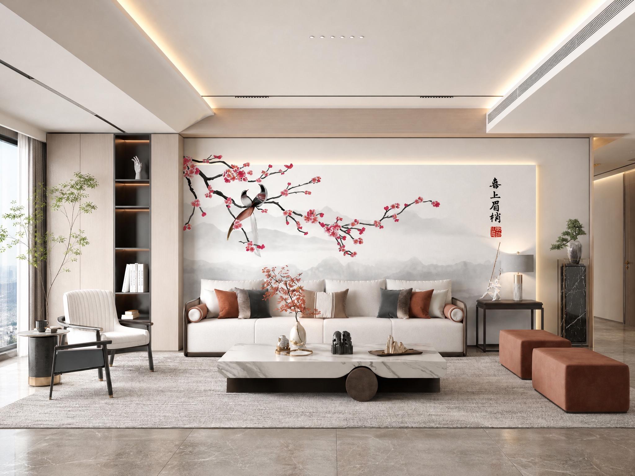 将图中的刺绣硬包背景墙图案完整保留，图案颜色和细节完全不变，放… - 图片创意预览