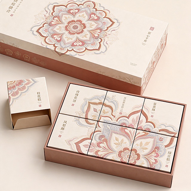 新中式风格礼盒设计，融合传统纹样与现代美学，采用3D立体印刷工艺，呈现典雅精致的视觉效果，适合中秋佳节馈赠。