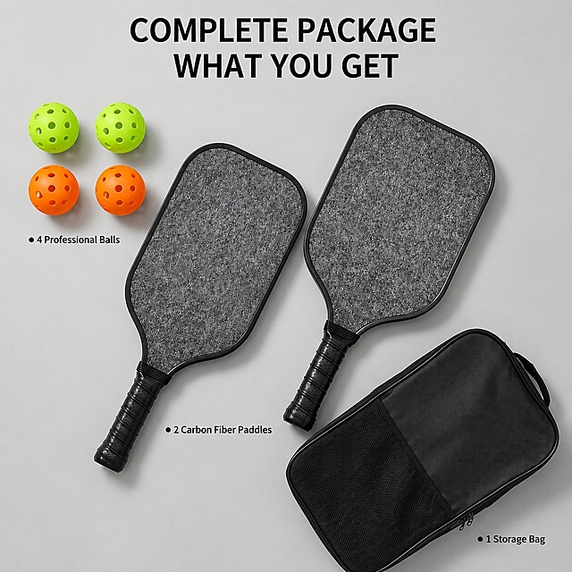 [Main Image 7] Complete package accessories flat lay display. [Atmosphere Style] Clean and organized, show full package. [Quality] Commercial flat lay photography, soft lighting, clear arrangement, high definition. [Elements] Use Knolling layout, the two pickleball paddles are placed diagonally in the center, 4 pickleballs (2 green 2 orange) are placed on the upper left, the original storage handbag is placed on the lower right, all accessories are fully displayed against a light gray background. Keep the appearance and color of all products consistent with the input image. Product arrangement is neat, no overlapping occlusion. [Lighting] Soft top down studio light, uniform illumination, clear product detail, soft shadow. [Color matching] Main light gray background; Auxiliary color is the product's own black, green, orange. [Perspective composition] Top down flat lay, all accessories cover 80% of the picture, neat distribution. [Text layout] Top title: Complete Package What You Get, black bold title, each accessory has a small label description: 2 Carbon Fiber Paddles / 4 Professional Balls / 1 Storage Bag. Text is small but clearly readable, located next to the corresponding product. [Proportional resolution] 1:1 ratio, 2048px resolution; super high definition. [Negative prompt] Deformation, text confusion, blurring, messy background, watermark, Chinese characters