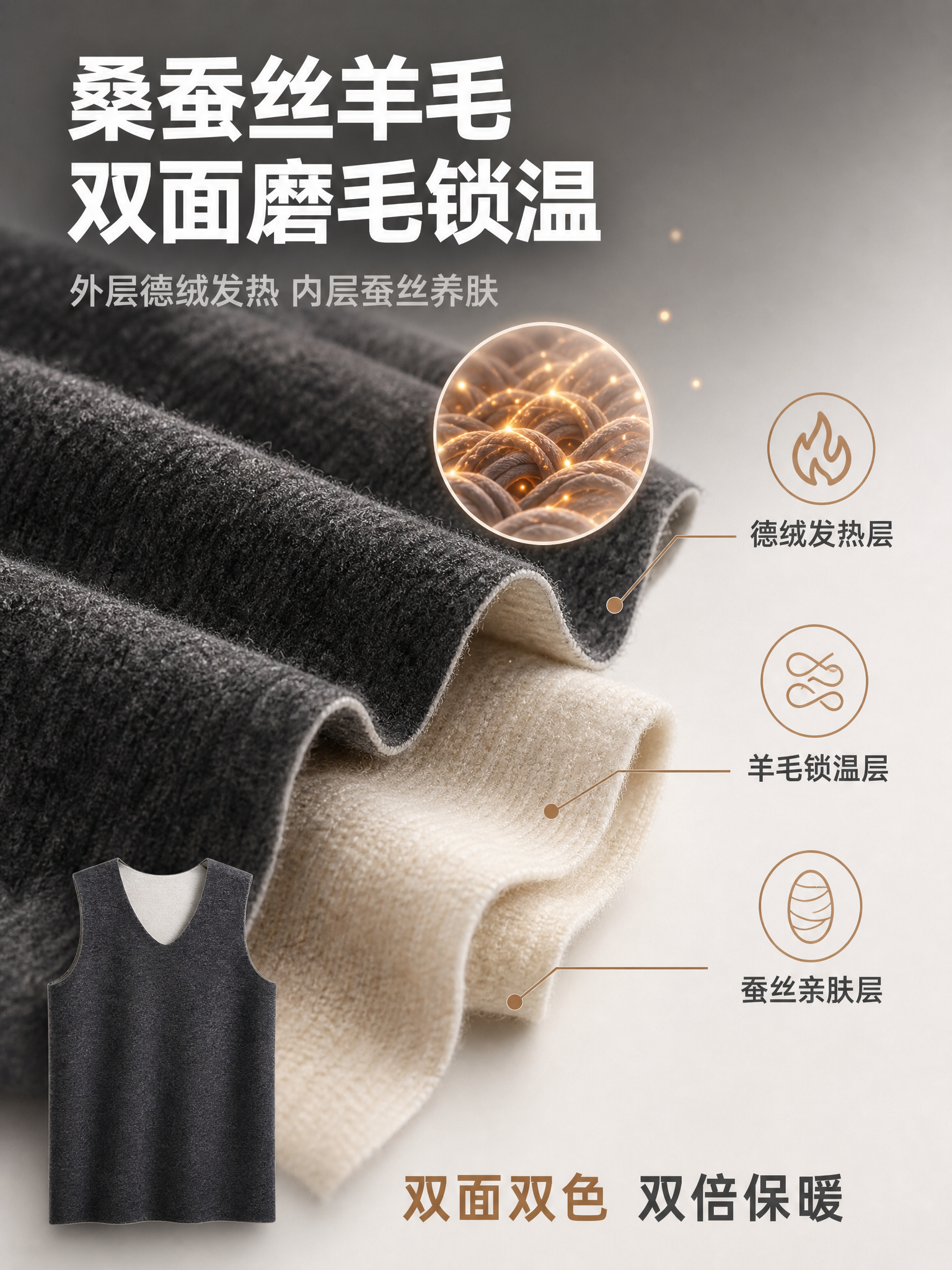 [主图-3] 材质卖点图 桑蚕丝羊毛双面磨毛 德绒发热保暖。… - 图片创意预览