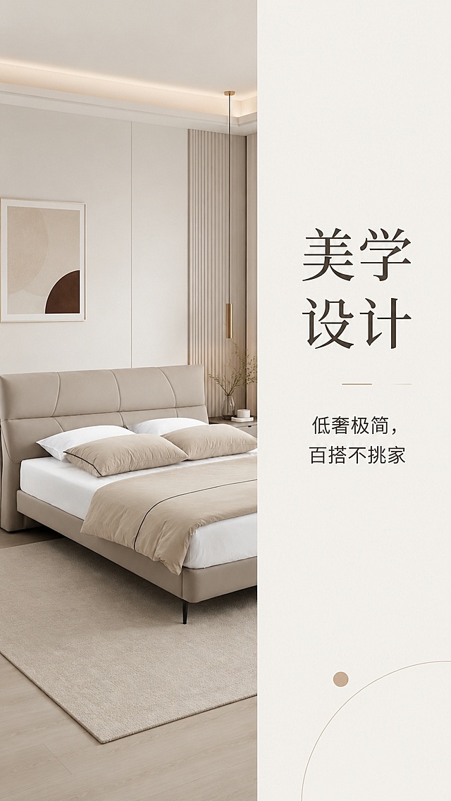 [第2屏] 美学设计卖点解读页，低奢极简风格皮软床。本屏使用【图1】作为商品主体。
[氛围/风格] 简约高级质感，浅调空间，干净整洁，商业设计感
[元素布局] 左侧为皮软床场景特写，占画面约60%，右侧为文字区，保留皮床原有颜色结构比例一致，场景搭配简约现代卧室软装，空间高级不杂乱，无人物
[光影质感] 均匀柔和自然光，皮革肌理清晰可见，明暗过渡自然
[配色色系] 全局底色 #F3F1EC，主色浅卡其床体，辅助色深灰文字，浅棕装饰
[视角构图] 左图右文版式，斜侧视角，主体突出，动线清晰
[文字版式] 右侧主标题写 美学设计，副标题写 低奢极简，百搭不挑家，主标题使用简单的艺术设计字体，副标题简洁清晰，文字排版规整不遮挡产品
[比例分辨率] 9:16 竖版比例，4K分辨率，文字清晰可辨，高清画质
[负向提示词] 产品变形，颜色偏差，结构错误，多余元素，文字错乱，水印，人物