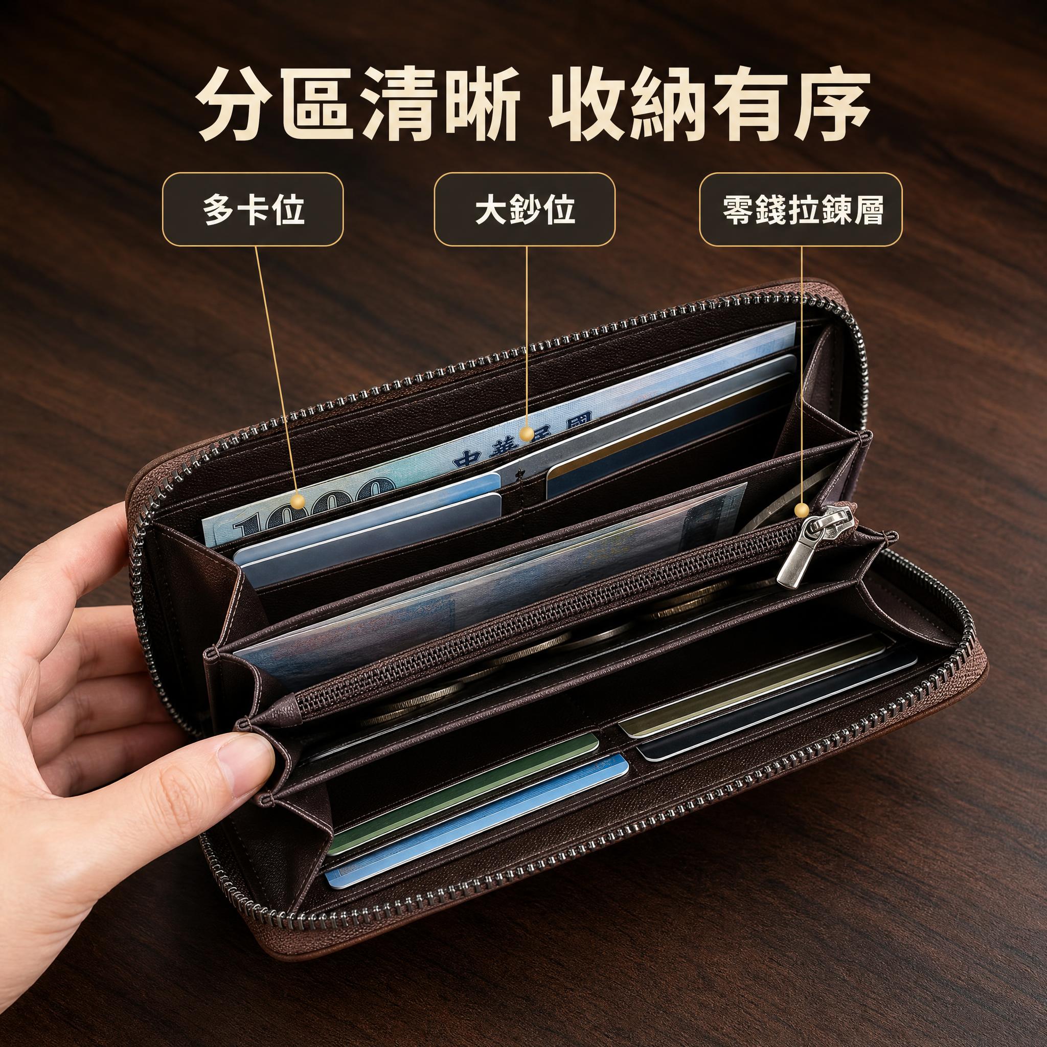 [主圖-3] 內部結構收納展示 錢包打開展示多隔層分區設計 台… - 图片创意预览