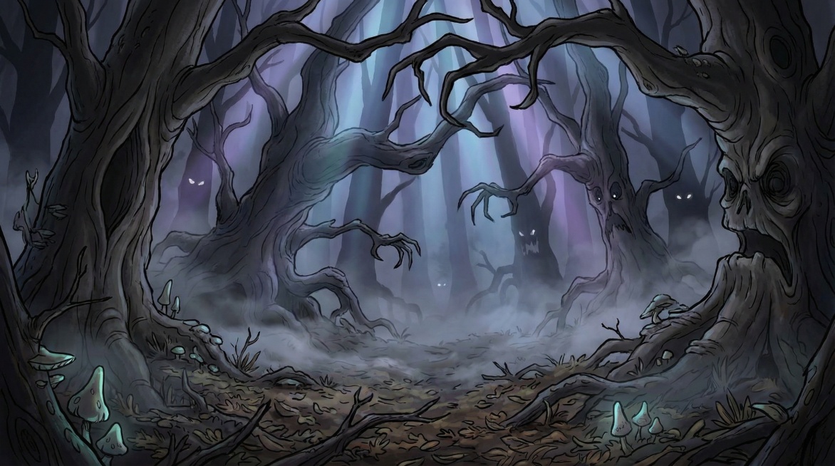 卡通黑暗森林场景的背景预览效果