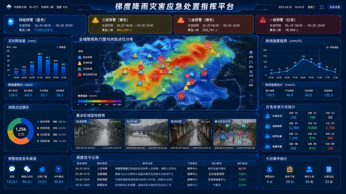「图片1」"人员转移进度与安置点情况"模块修改为"重点区域监控视频"，展示监控视频预览效果