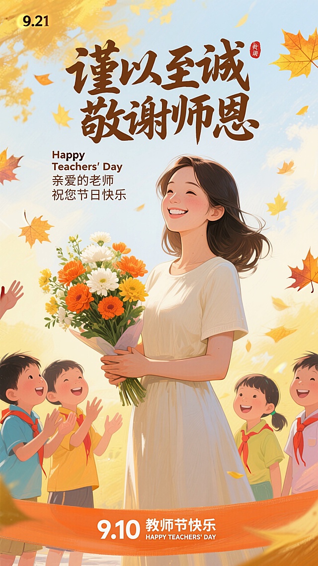 中国风教师节插画海报，9:21竖版构图，暖黄色调背景，画面中央一位穿着米白色连衣裙的女教师，面带微笑，双手捧着由橙色、白色、黄色花朵组成的花束。周围环绕着，孩子们面带笑容，有的伸出手，有的看向老师。上方有棕色书法大字“谨以至诚 敬谢师恩”，配文“Happy Teachers' Day 亲爱的老师 祝您节日快乐”。底部橙色横幅上写有“9.10 教师节快乐 HAPPY TEACHERS' DAY”背景中有飘落的黄色枫叶，整体氛围温馨、欢快，充满感恩之情。
