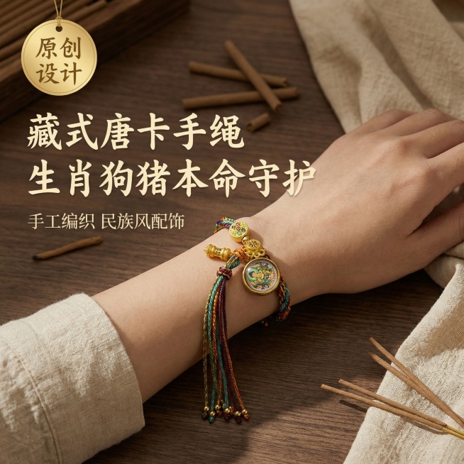 [主图 1] 藏式唐卡手绳首图展示，氛围为国风禅意质感，自然柔和光线。手绳保持原产品外观不变，佩戴在模特手腕上居中展示，背景为简洁哑光深木色桌面，点缀少量干藏香和复古棉麻织物，突出产品民族特色。文案“预览效果