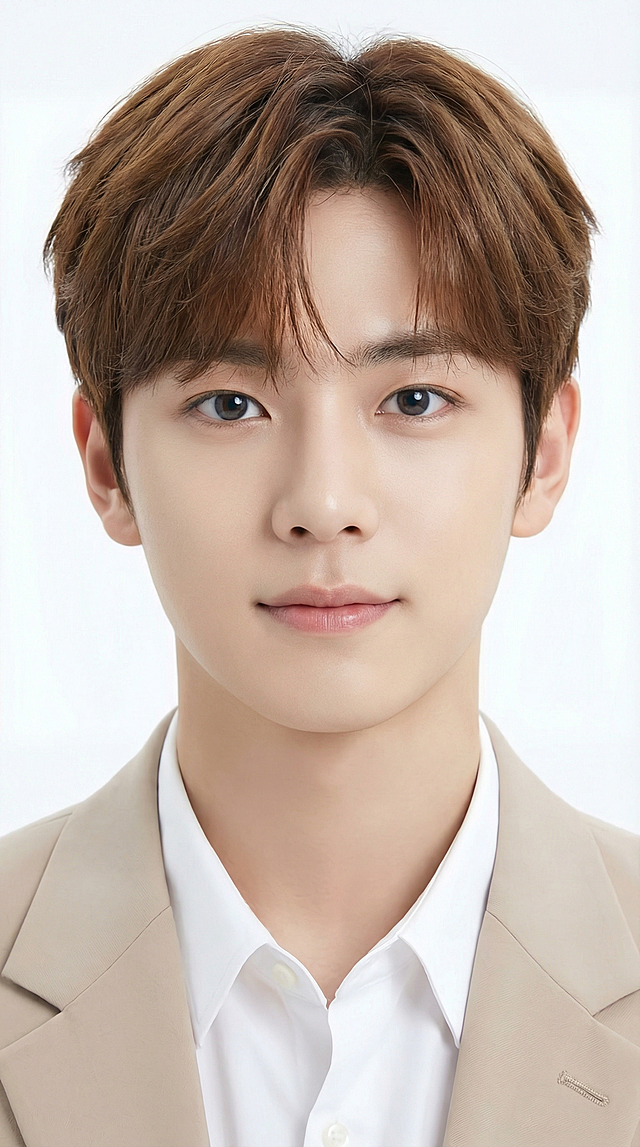 人像摄影，年轻韩国男生模特，20岁左右，精致瓜子脸，超大无辜狗狗眼，眼睛又大又圆，清澈透亮瞳孔，双眼皮清晰，眼神温柔干净，高光明显，皮肤白皙细腻，二八侧分纹理蓬松茶棕色发型，超写实高清，柔和光影，面部精致，干净甜美感，身着浅米色西装外套，内搭白色衬衫，韩国偶像气质，干净且突出主体，面部和头发细节清晰可见，光线柔和，正面半身胸部以上肖像大头照，完全正对镜头，零角度，对称构图，五官对称无不对称，纯白背景，整体呈现简约高级商业广告风格，高清质感细腻光影，优雅甜美氛围