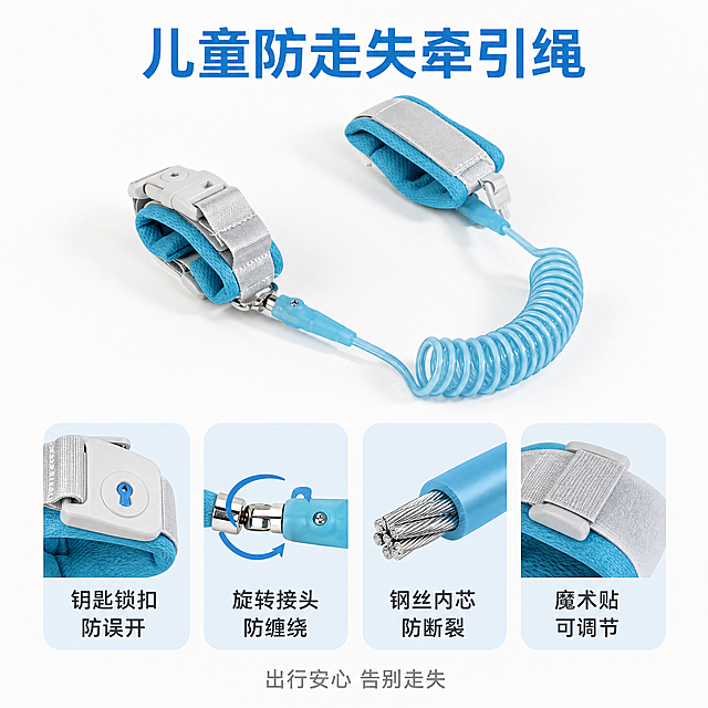 [主图-5] 产品核心卖点汇总与规格展示。氛围风格：简洁清晰，信息明确，促进转化。画质：商业摄影质感，光线柔和通透，产品清晰真实，画面干净高级。元素：完整牵引绳产品居中放置，底部整齐排列四个核心卖点卡片，每个卡片对应一个卖点，背景干净浅白色；保持产品外观颜色材质与原图一致；产品占比50%，卖点卡片占比合理，整体留白充足不拥挤。光影：均匀柔和棚拍光线，产品和卡片都清晰展示，光影自然。配色：背景浅白，产品蓝灰色，卡片浅蓝底，文字深灰色，整体清新统一。视角构图：产品居中，卖点卡片底部横向排列，整体均衡稳定。文字版式：顶部主标题“儿童防走失牵引绳”，蓝色粗体；四个圆角卡片分别写“钥匙锁扣防误开”“旋转接头防缠绕”“钢丝内芯防断裂”“魔术贴可调节”，每个卡片一个卖点，文字清晰，大小均匀；底部浅灰色小字“出行安心 告别走失”，整体信息清晰层级分明。比例分辨率：1:1比例，4k分辨率，文字清晰锐利，画面超高清。负向提示词：变形，水印，文字错乱，产品模糊，背景杂乱，卡片拥挤，文字过小