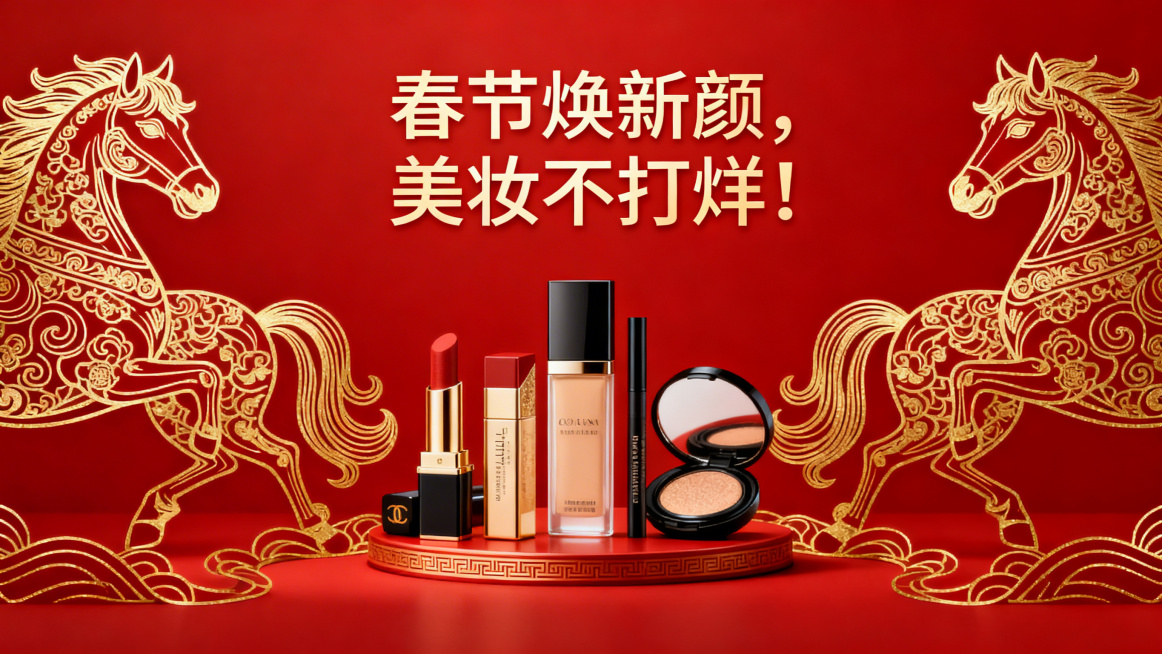 用 春节焕新颜，美妆不打烊！生成一个马年元素横板红色海报预览效果