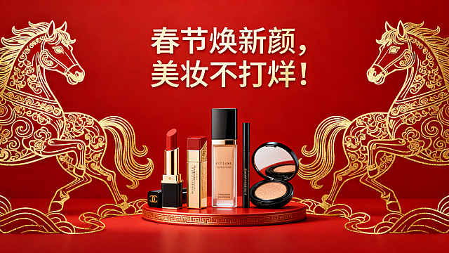 用 春节焕新颜，美妆不打烊！生成一个马年元素横板红色海报