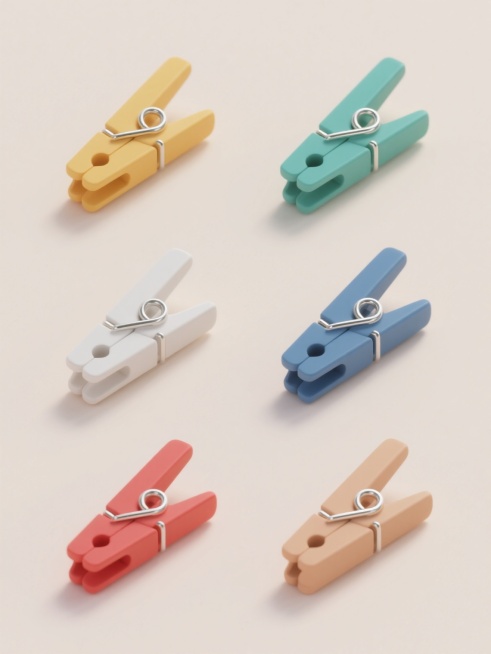 极简风格图标设计，6个不同配色、不同样式、不同材质的夹子造型，上下两行整齐对齐排列，每个夹子具有光滑的金属质感或磨砂塑料质感，色彩鲜明且多样，浅色背景，简洁的线条，清晰的轮廓，高对比度，无阴影，扁平化设计，现代感，单个夹子图标独立清晰，整体布局均衡对称，视觉层级明确，信息传达高效。预览效果
