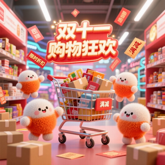 画面中有购物车、优惠券、包裹等购物元素，还有可爱拟人化电商平台形象（或卡通购物小人），围绕 “双十一” 促销标识互动。场景设定：热闹的线上电商界面或线下商场，背景有闪烁促销灯光、满是商品的货架、代表网预览效果