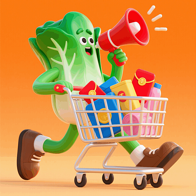 拟人化的白菜拿着喇叭推着装满红包和商品的购物车，橙色背景