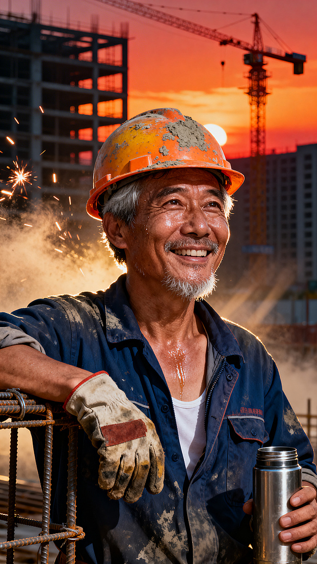 致敬劳动者主题建筑工人特写，一位约40岁的男性建筑工人，头戴橙黄色带有轻微磨损和水泥灰迹的安全帽，帽檐下露出些许花白的鬓角。他有着古铜色的皮肤，额头和眼角刻着深深的岁月纹路，脸上流淌着几颗晶莹的汗珠，在夕阳余晖中闪闪发光。他正对着镜头露出朴实而灿烂的笑容，眼神中透露出自豪与坚毅。身穿一件沾满灰尘、油漆和汗渍的深蓝色工装服，领口敞开，露出里面被汗水浸湿的白色背心，工装袖口随意挽起，露出结实的小臂。他右手戴着一双磨破了的粗布手套，自然地搭在一根竖立的钢筋上，左手握着一个不锈钢的大水杯。背景是傍晚时分繁忙的建筑工地，一台高耸的塔吊轮廓剪影在橙红色的晚霞中，远处是正在建造的摩天大楼框架，几缕焊花在空中飞溅。工地上的尘土在夕阳的逆光中形成迷人的光束效果。采用极端的超低角度仰视构图，镜头紧贴地面向上拍摄，让工人的身影完全融入辉煌的天空，形成巨大的、充满力量感的剪影轮廓，仿佛一座矗立在城市之上的精神丰碑。电影级画质，使用超浅景深效果，焦点精准锁定在工人的面部，背景的塔吊和晚霞被虚化成绚烂的光斑。夕阳的暖金色光线从工人背后和侧面勾勒出他身体的轮廓线，同时正面辅以极其微弱的补光，让面部的表情和汗珠细节清晰可见。画面色彩以橙红、金黄、深蓝为主，对比强烈而和谐，营造出既崇高又温暖的致敬氛围。画面左侧预留出充足的留白区域，整张照片拥有顶级商业广告大片的质感，工人皮肤的纹理、安全帽的划痕、工装布的粗糙感、汗珠的立体感都纤毫毕现。8k超高清分辨率，动态范围极广，暗部细节丰富，亮部不过曝，完美捕捉了劳动瞬间的尊严与美感，适合用作企业品牌节日致敬海报或公众号封面