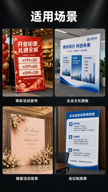 [第6屏] 丰富应用场景展示，kt板广告牌的多场景使用。[氛围/风格] 专业商务展示风格，延续深灰黑色调，画面干净展示清晰。[元素布局] 顶部大标题，下方分四个场景宫格展示，每个场景一张示意图片配文字预览效果