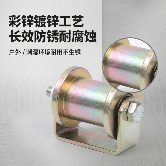 1:1 竖版电商主图，严格还原上传的镀锌U型导向滑轮产品图细节，尺寸比例保持1:1。背景为浅灰磨砂质感工业背景，搭配轻微的金属纹理底纹，强化工业氛围。画面采用杂志式分栏排版，左侧为文字区，右侧为产品展预览效果