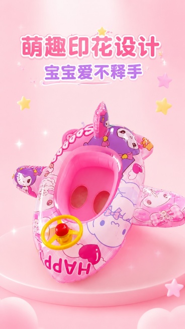 [第7屏] 产品展示-粉色库洛米款儿童带棚喇叭艇产品展示。本屏使用【图3】作为商品主体。
[氛围/风格] 清新夏日风，干净背景，突出产品可爱风格，商业摄影质感。
[元素布局] 粉色库洛米款游泳艇放置在预览效果