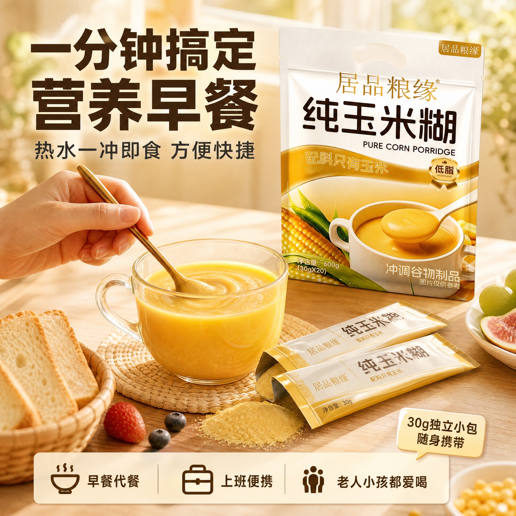 [主图-3] 居品粮缘纯玉米糊 食用场景与冲调展示 方便快捷早… - 图片创意预览
