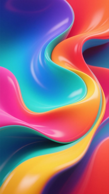 一张充满流动感的彩色背景设计，整体呈现出现代抽象的3D流体艺术风格。画面中，多种饱和明亮的色彩——深邃的靛蓝、纯净的天蓝、清新的薄荷绿、温暖的橙红、活力的粉红以及明亮的黄色——相互交融、渐变过渡，如同液态丝绸般自由流淌。色彩的分布自然且富有层次感，从左上角的深蓝紫色系，向右下方逐渐过渡到橙红色系，并在中央区域形成蓝绿与橙黄的柔和交汇。流体形态呈现出柔和的波浪状曲线和有机的漩涡结构，边缘平滑模糊……预览效果