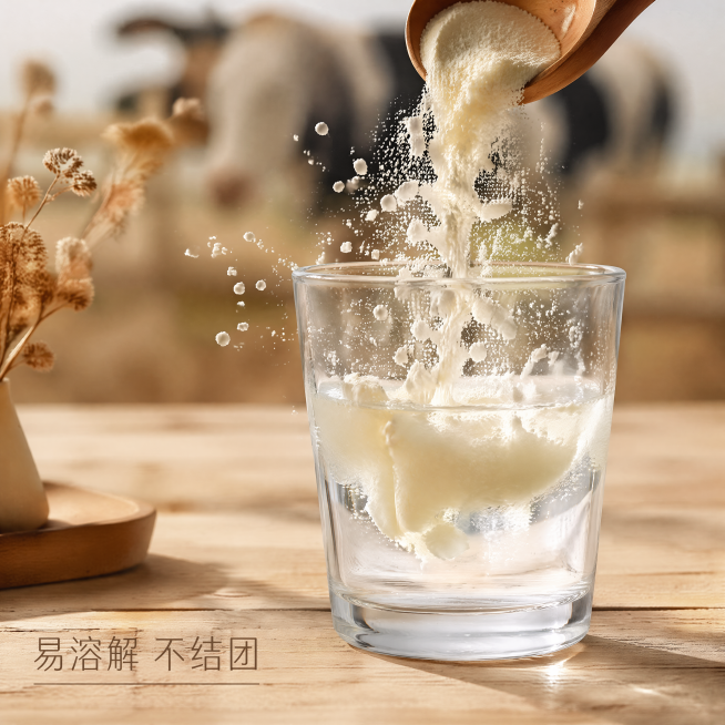 [主图-4] 冲泡过程动态展示图
[氛围风格] 动态真实生活场景
[画质] 商业摄影质感 动态抓拍 清晰自然
[元素] 抓拍奶粉倒入玻璃杯的瞬间，粉质落入水中飞溅出细小奶珠，杯中一半清水一半正在溶解的预览效果