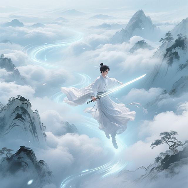 梦幻古典中式插画，仙人御剑飞行，云海缭绕，水墨风格渲染虚拟现实。
