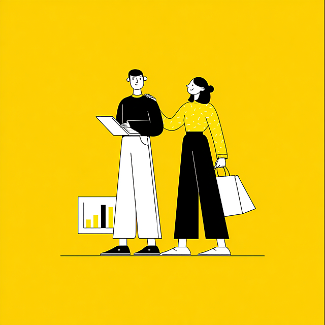 flat illustration, shopping related, one or two people, same style and color scheme as the reference picture: bright yellow background, minimalist black and white line art, modern flat design, vector illustration, simple character shapes, solid color blocks