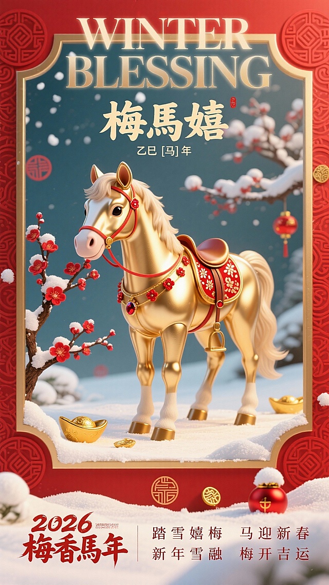 红色系主色调，软萌生肖马为主体，亮金色金属质感，圆耳短鬃，双前蹄踩在浅金积雪上，后蹄轻抬、鼻尖蹭着旁侧的红梅花枝（梅花带雪），神态晃耳抖鬃显灵动鲜活；鞍具、鬃毛饰红色梅花纹，嵌小红宝石；萌马与梅枝置于带雪纹金框的红框内，框周散落印马标识的雪团、金元宝、红铃铛；文字排版： 上部：大号浅金英文 “WINTER BLESSING”（半透明）； 中上部：红色团纹框 +“梅馬嬉”（大字）+ “乙巳 [马] 年”（小字）； 中下部：萌马 + 雪梅场景主体； 底部：左侧 “2026  梅香馬年”（艺术字），右侧 “踏雪嬉梅 马迎新春”“新年雪融 梅开吉运”（两行文案）