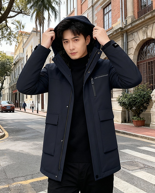 一个中国男性28岁模特穿上图片上的衣服，姿势不同，拍摄风格，五张相似场景的套图，南方户外