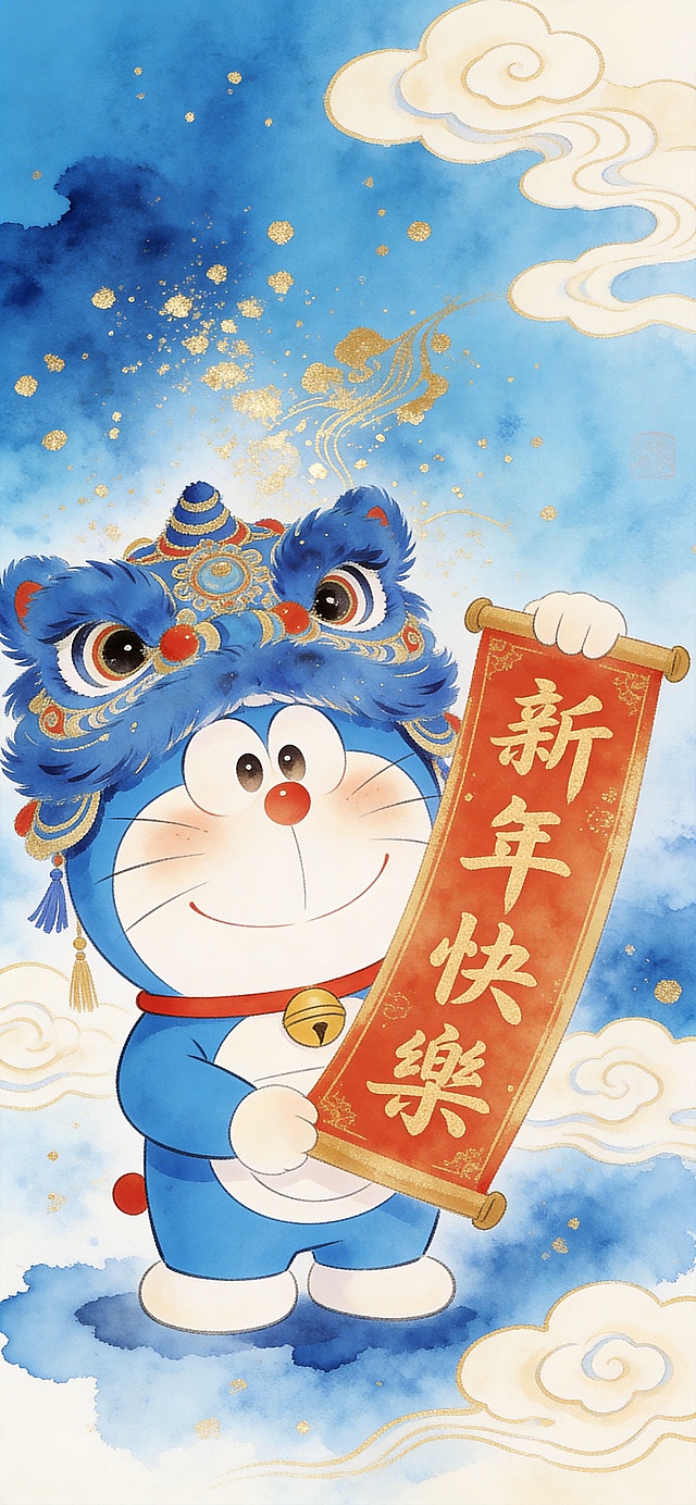 国风水彩风格，哆啦A梦头戴蓝色醒狮头套，手持新春卷轴，背景添加祥云元素，洒金晕染，喜庆氛围