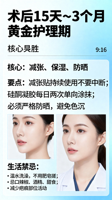 医疗科普图文，第三阶段：术后15天～3个月，黄金护理期。核心：减张、保湿、防晒。要点：减张贴持续使用不要中断，硅酮凝胶每日两次单向涂抹，必须严格防晒，避免色沉。生活禁忌：温水洗澡，不用肥皂搓，忌口辣椒预览效果